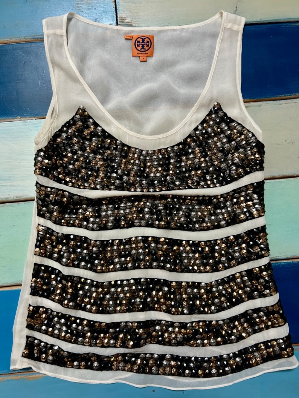 Tory Burch Silk Sequin Tank Top Women's Size 4 Ivory Gold Silver Embellished - Picture 1 of 7